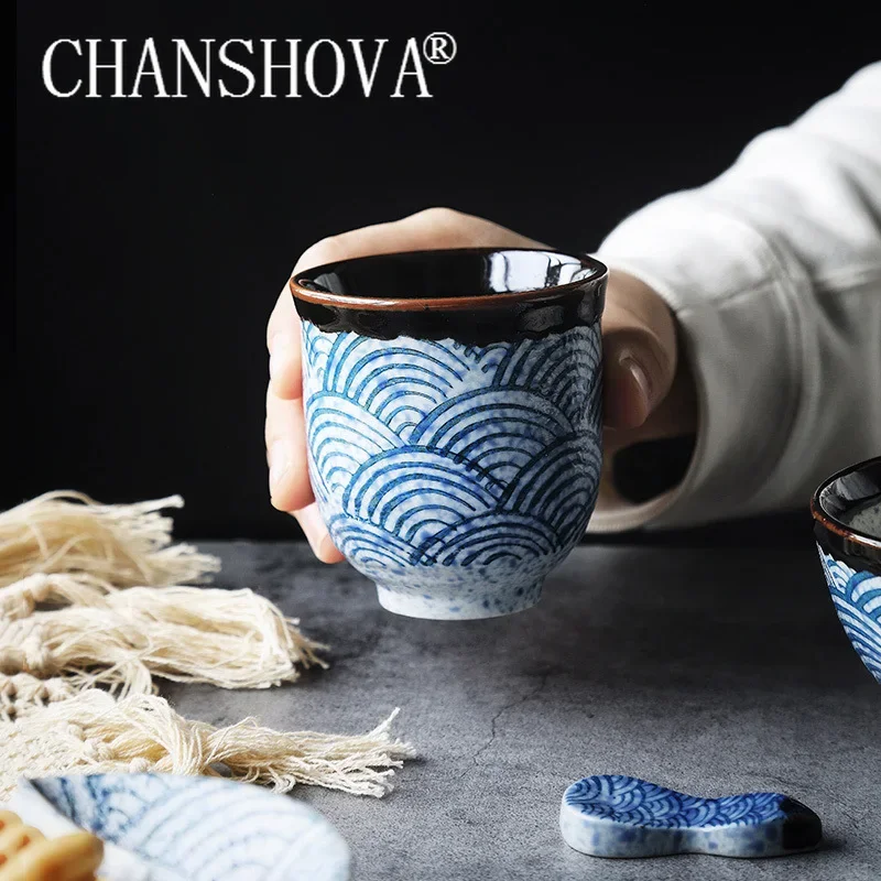 Handmade Ceramic Mug - CHANSHOVA สไตล์จีน retro Handmade 80/200ml ทาสีแก้วเซรามิคถ้วยบุคลิกภาพรูปแบบคลื่นถ้วยกาแฟชุดชา