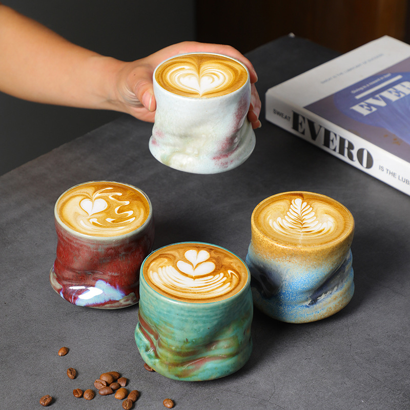 Handmade Ceramic Mug - สโตนแวร์ถ้วยกาแฟ Vintage HAND-pinched จีบ Latte Art