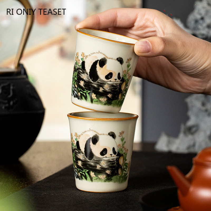 Handmade Ceramic Mug - ถ้วยชาเซรามิกแบบดั้งเดิมของจีน 1 ชิ้น ทำด้วยมือ ลายแพนด้าน่ารัก ถ้วยชาสำหรับใช้ในบ้าน