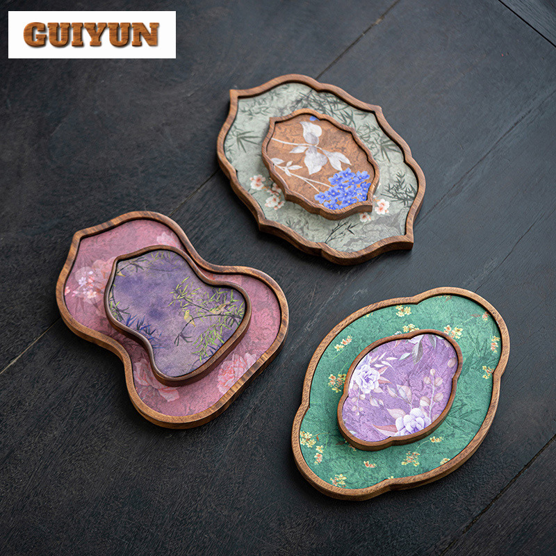 Wooden Serving Tray - Handmade วอลนัทไม้ถาดชาสร้างสรรค์ดอกไม้รูปแห้ง Brewing Mat Elegant ชา
