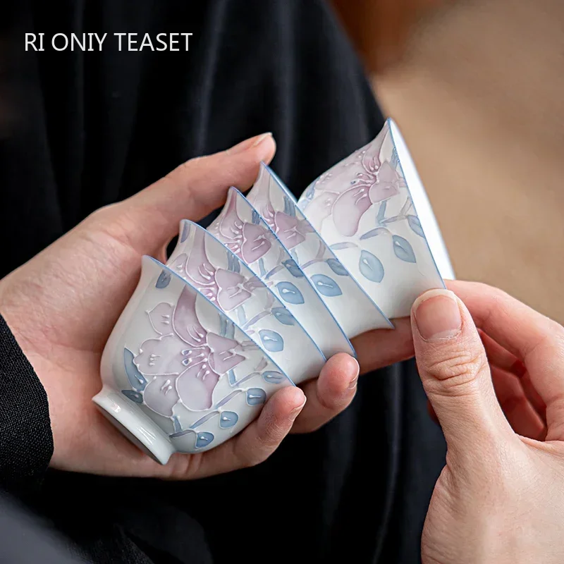 Handmade Ceramic Mug - จีน High-end มือวาดเซรามิค Teacup สามมิติบรรเทาดอกไม้ชามชา Home