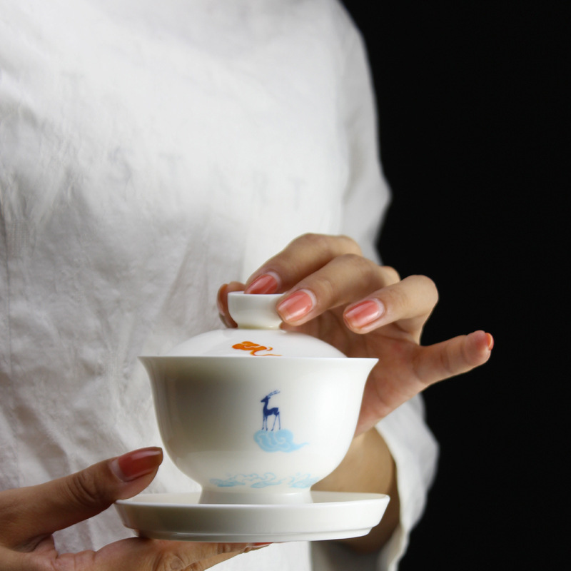 Handmade Ceramic Mug - Gongjiu สีกวางสีขาว Porcelain ชาถ้วยมือถือชามพร้อมฝาปิดชามชาชาเสิร์ฟถ้วยชาชุด Dehua Porcelain