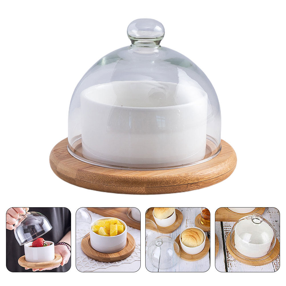 Wooden Serving Tray - ชุดชามสลัดเซรามิกพร้อมฝาครอบแก้วใส ถาดไม้ธรรมชาติ จานเสิร์ฟสำหรับงานเลี้ยงอาหารค่ำระดับพรีเมียม เหมาะสำหรับใส่ผักและของหวาน
