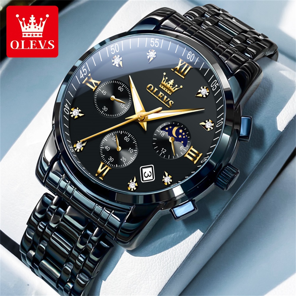 Luxury Lifestyle Products - OLEVS นาฬิกาผู้ชายยอดนิยมสแตนเลสสีดำมูนเฟสโครโนกราฟนาฬิกาควอทซ์สำหรับผู้ชายวันที่นาฬิกาข้อมือแบรนด์เดิม
