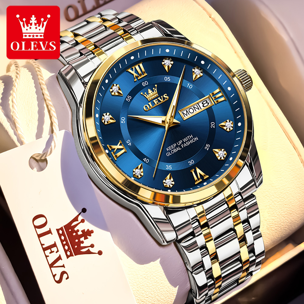 Luxury Lifestyle Products - OLEVS แบรนด์นาฬิกาแฟชั่นผู้ชายสแตนเลสกันน้ำนาฬิกาข้อมือควอตซ์ส่องสว่างนาฬิกาต้นฉบับสำหรับผู้ชายปฏิทินคู่
