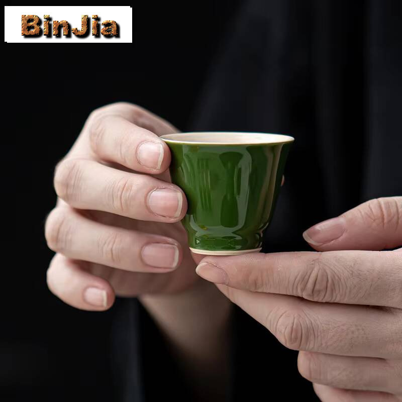 Handmade Ceramic Mug - ชุดถ้วยชาทำมือสีเขียวดำ 2 ชิ้น/ชุด ถ้วยชาสไตล์วินเทจ สำหรับใช้ในบ้าน ของขวัญ