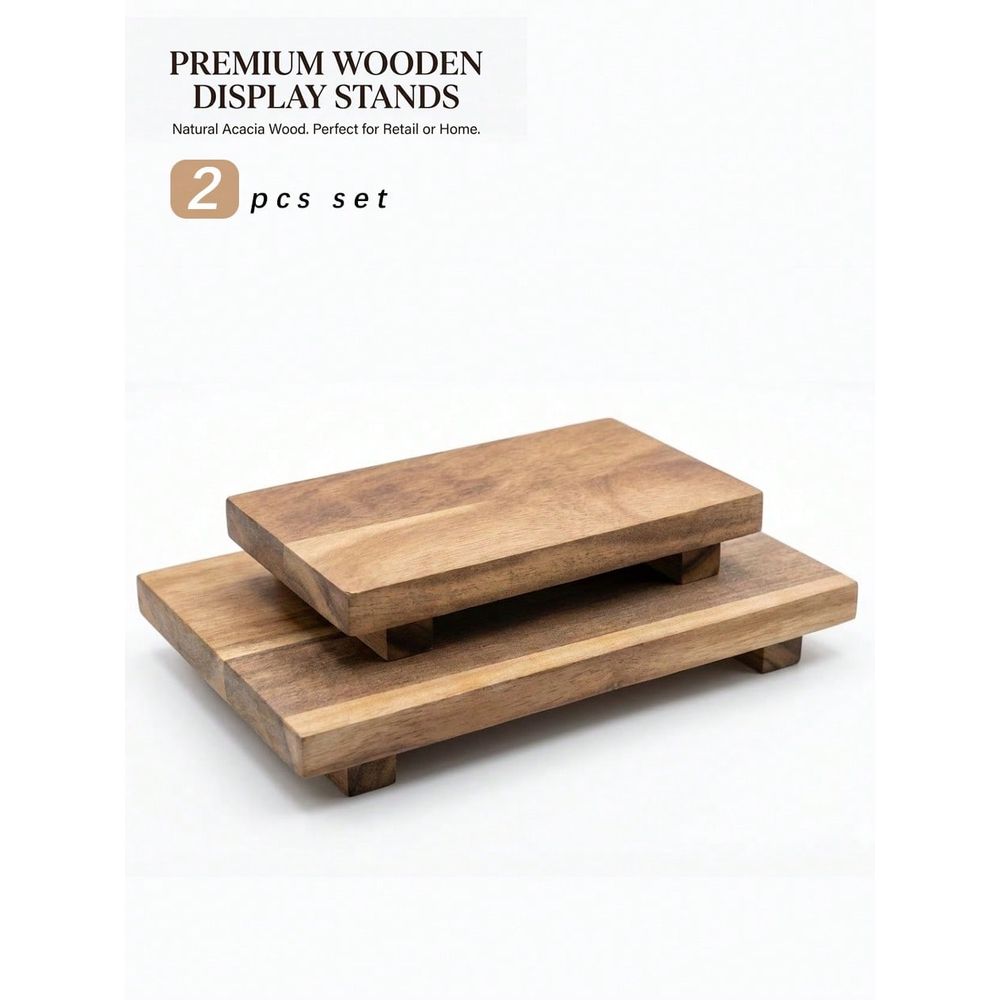 Wooden Serving Tray - ชุดถาดไม้สำหรับเสิร์ฟพร้อมขาตั้ง ตกแต่งโต๊ะครัวหรือเคาน์เตอร์ครัว ถาดไม้ตกแต่งทำจากไม้กระถิน